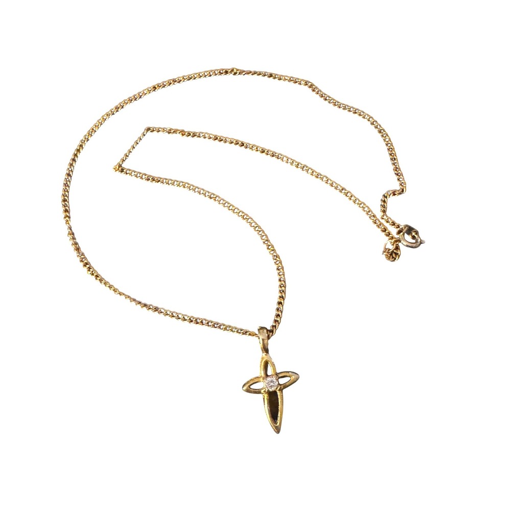 Gold Tone Openwork Cross Rhinestone Pendant Curb‎ Chain Necklace 18 Inch